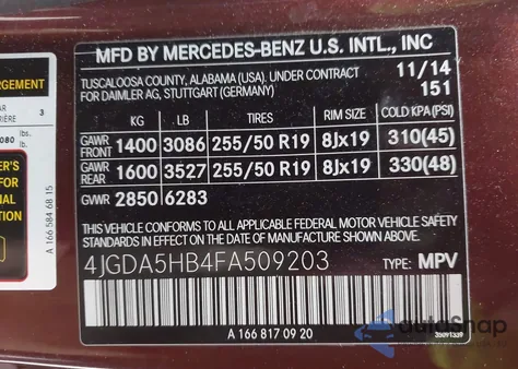 2015 Mercedes-Benz Ml 350 4Matic from USA, damaged, VIN 4JGDA5HB4FA509203